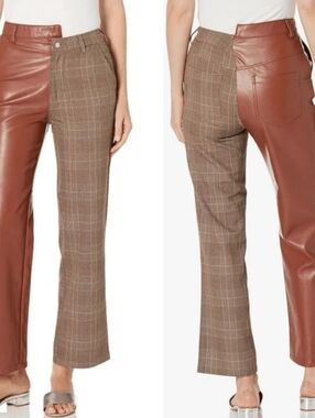 Steve Madden Women's Plaid Brown Vegan Leather Mackenzie Split Pants Size 28 NWT